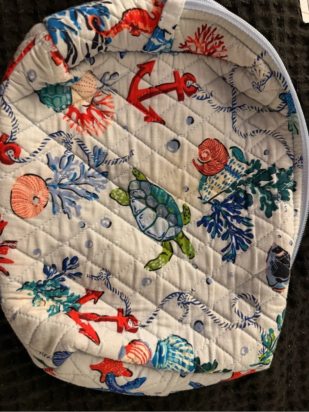 Vera Bradley Quilted Cosmetic Pouch in White with Blue, Green & Red Ocean Print